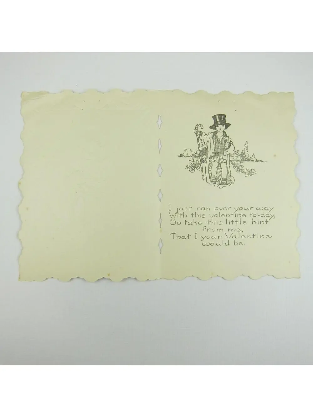 Vintage Valentine Card Die cut Bifold Boy Rides Red Tricycle Bike Heart Embossed